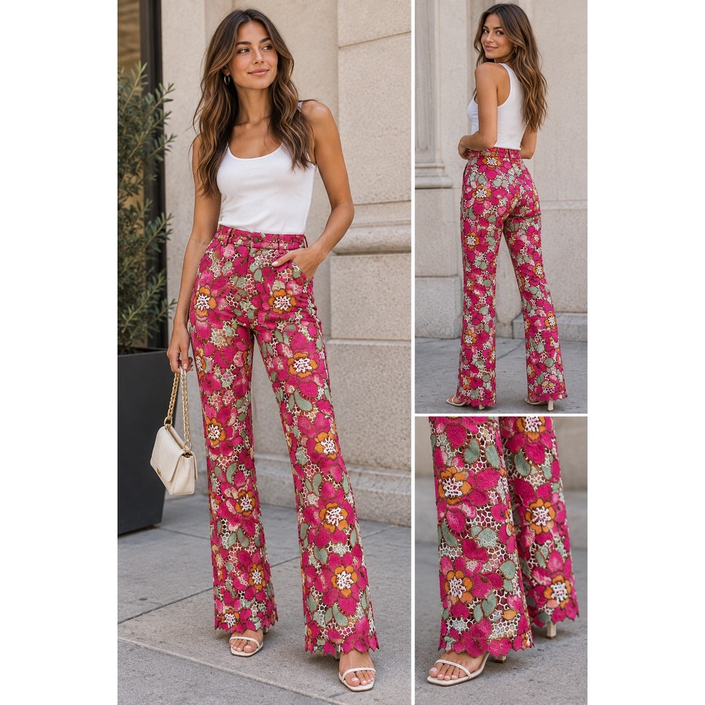 Fashion Nova Maura Embroidered Pants Womens XL Pink New Floral Lace Flare Luxe